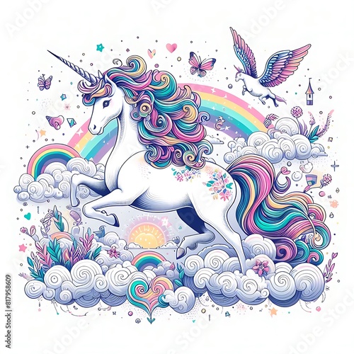 A unicorn with rainbow mane and birds realistic lively used for printing harmony meaning.