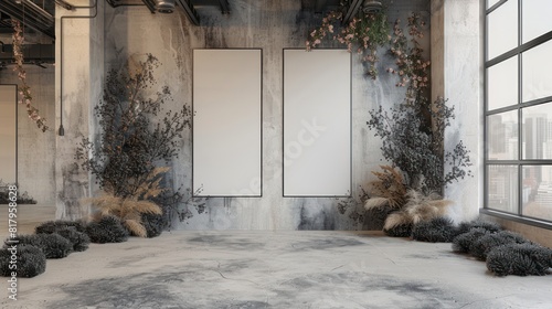 Minimalist wedding interior with blank posters and beautiful black flowers on the walls