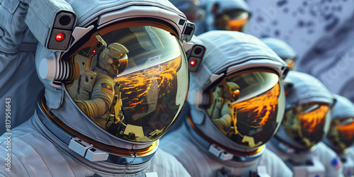 A group of astronauts explore a strange, alien world, their helmets reflecting awe and wonder