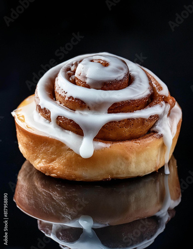 A cinnamon roll with icing on a black surface photo