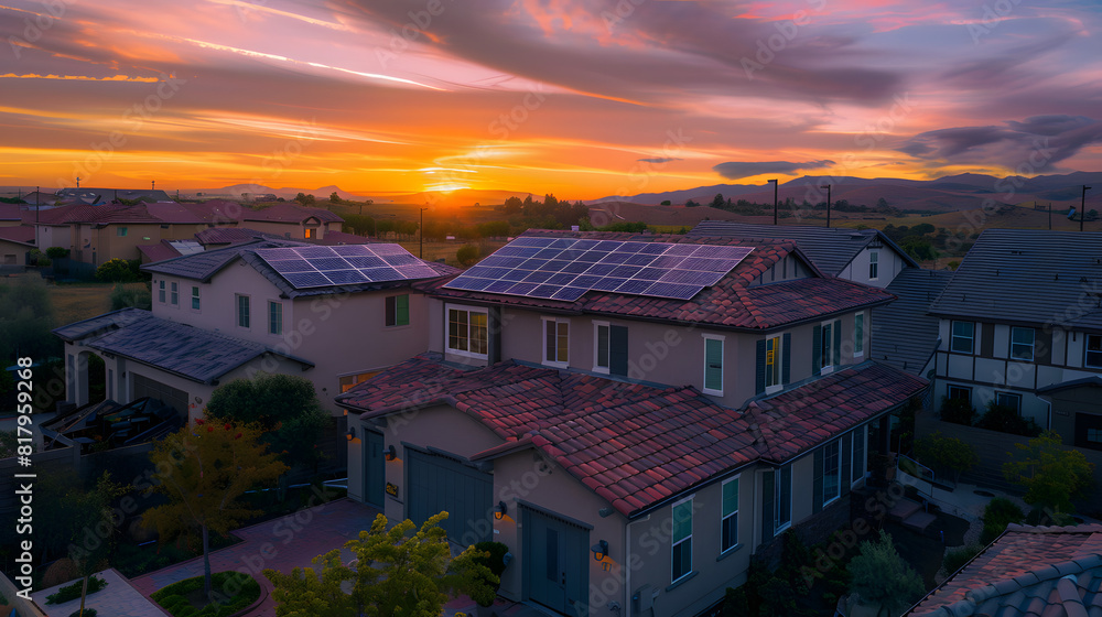 Photo of solar panels on the roof against sunset sky Photo of solar panels on the roof against sunset sky