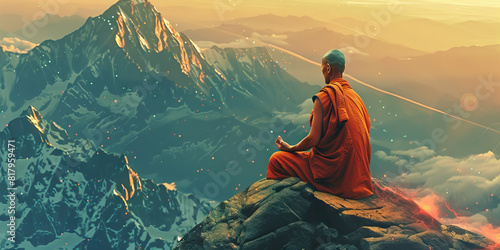 A Buddhist monk meditates atop a mountain peak, one with the universe and the divine energy that flows through it. photo