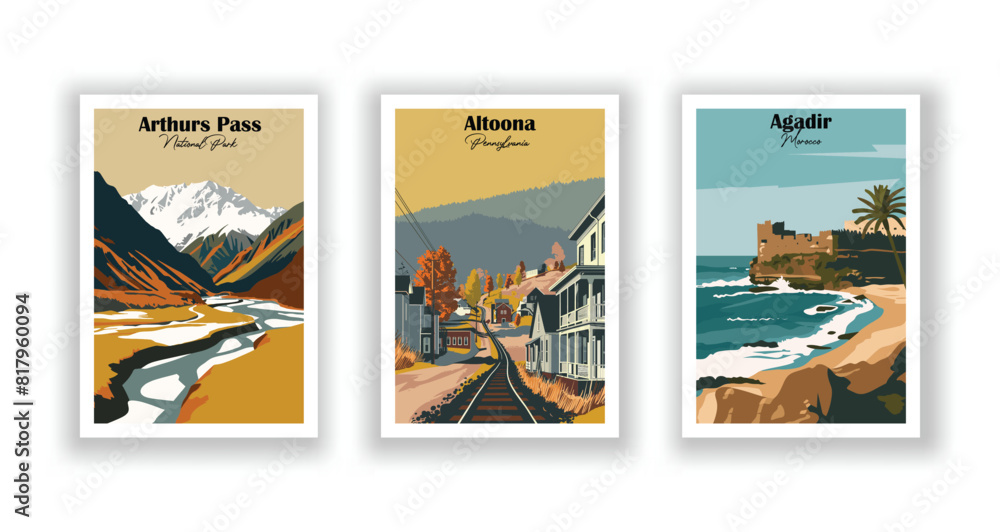 Fototapeta premium Agadir, Morocco, Altoona, Pennsylvania, Arthurs Pass, National Park - Set of 3 Vintage Travel Posters. Vector illustration. High Quality Prints