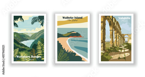 Volubilis, Morocco, Waiheke Island, New Zealand, Waitakere Ranges, New Zealand - Set of 3 Vintage Travel Posters. Vector illustration. High Quality Prints