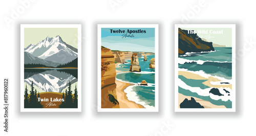 The Wild Coast, South Africa, Twelve Apostles, Australia, Twin Lakes, Alaska - Set of 3 Vintage Travel Posters. Vector illustration. High Quality Prints