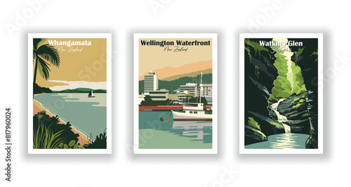 Watkins Glen, State Park, Wellington Waterfront, New Zealand, Whangamata, New Zealand - Set of 3 Vintage Travel Posters. Vector illustration. High Quality Prints