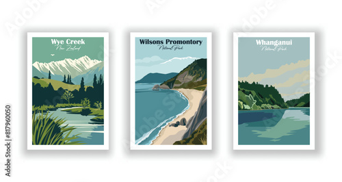 Whanganui, National Park, Wilsons Promontory, National Park, Wye Creek, New Zealand - Set of 3 Vintage Travel Posters. Vector illustration. High Quality Prints