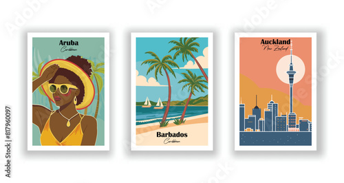 Aruba, Caribbean, Auckland, New Zealand, Barbados, Caribbean - Set of 3 Vintage Travel Posters. Vector illustration. High Quality Prints