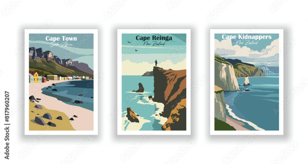 Obraz premium Cape Kidnappers, New Zealand, Cape Reinga, New Zealand, Cape Town, South Africa - Set of 3 Vintage Travel Posters. Vector illustration. High Quality Prints