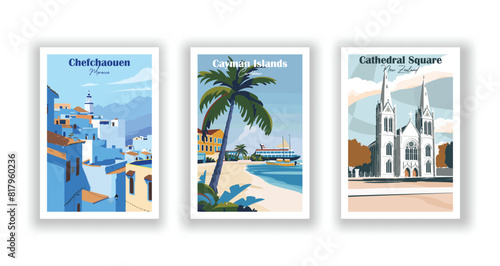 Cayman Islands, Caribbean, Cathedral Square, New Zealand, Cayman Islands, Caribbean - Set of 3 Vintage Travel Posters. Vector illustration. High Quality Prints