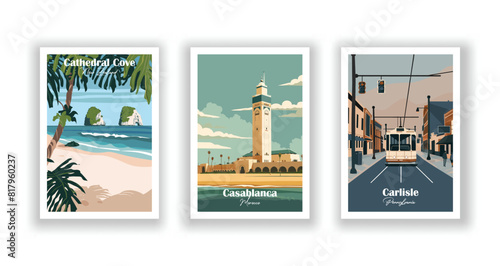 Carlisle, Pennsylvania, Casablanca, Morocco, Cathedral Cove, New Zealand - Set of 3 Vintage Travel Posters. Vector illustration. High Quality Prints