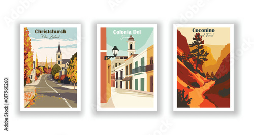 Christchurch, New Zealand, Coconino, National Forest, Colonia Del, Sacramento - Set of 3 Vintage Travel Posters. Vector illustration. High Quality Prints