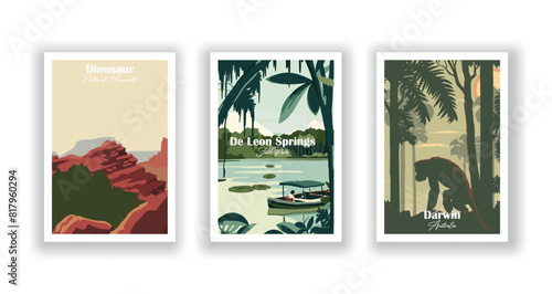 Dinosaur National Monument, De Leon Springs, State Park, Darwin, Australia - Set of 3 Vintage Travel Posters. Vector illustration. High Quality Prints