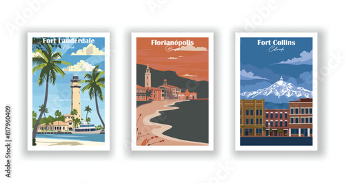 Florianópolis, Brazil, Fort Collins, Colorado, Fort Lauderdale, Florida - Set of 3 Vintage Travel Posters. Vector illustration. High Quality Prints