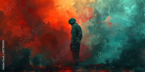 Mental disorder concept. Creative illustration of a soldier with Post-Traumatic Stress Disorder (PTSD). photo
