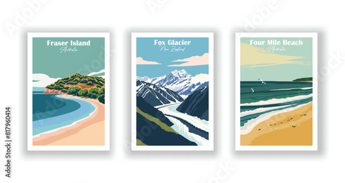 Four Mile Beach, Australia, Fox Glacier, New Zealand, Fraser Island, Australia - Set of 3 Vintage Travel Posters. Vector illustration. High Quality Prints