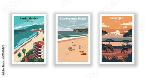 Santa Monica, California, Scarborough Beach, Australia, Serengeti, Tanzania - Set of 3 Vintage Travel Posters. Vector illustration. High Quality Prints