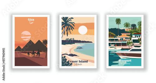 Fraser Island, Australia, Freeport, The Bahamas, Giza, Egypt - Set of 3 Vintage Travel Posters. Vector illustration. High Quality Prints