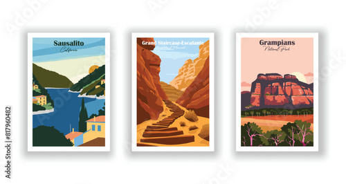 Sausalito, California, Grampians, National Park, Grand Staircase-Escalante National Monument - Set of 3 Vintage Travel Posters. Vector illustration. High Quality Prints