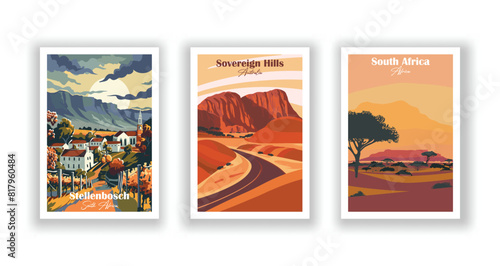 South Africa, Africa, Sovereign Hills, Australia, Stellenbosch, South Africa - Set of 3 Vintage Travel Posters. Vector illustration. High Quality Prints