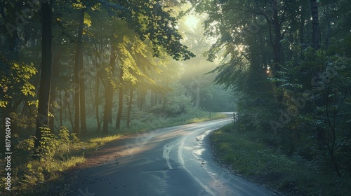Early morning sun shines on curvy asphalt road through dense woods