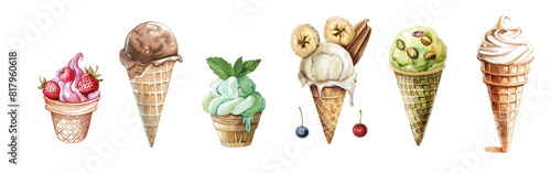 Set of watercolor ice creams in waffle cones isolated on white background