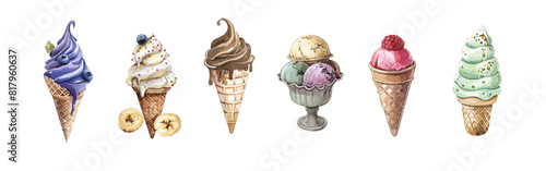 Set of watercolor ice creams in waffle cones isolated on white background