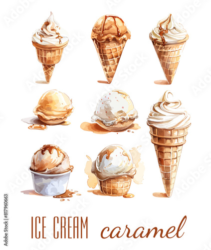 Caramel ice cream cone watercolor vector design great for cards, banners, headers, party posters or decorate your artwork.