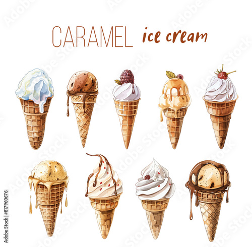 Caramel ice cream cone watercolor vector design great for cards, banners, headers, party posters or decorate your artwork.