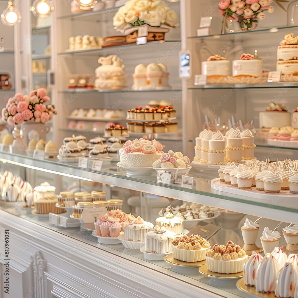 Elegant Bakery Display with Cakes.