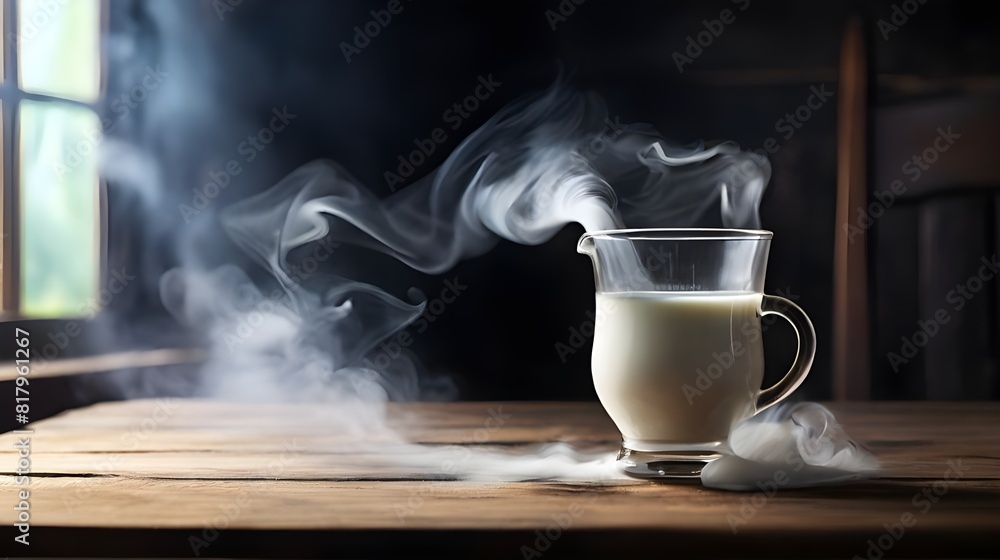 A glass of milk on the table with Smoke Flowing Generative Ai A glass of milk on the table with Smoke Flowing Generative Ai
