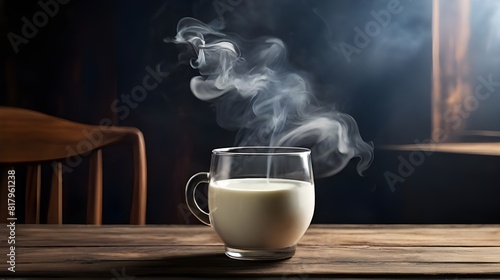 A glass of milk on the table with Smoke Flowing Generative Ai 