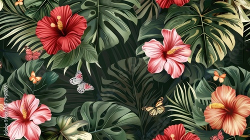 Luxury Botanical Background Floral Seamless Pattern with Hibiscus Flowers  Palm Leaves  and Butterflies - Tropical Wallpaper