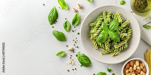A top view of a plate of pasta with pesto sauce fresh basil and nuts over a clean white backdrop with space for text or product advertisement background, Generative AI.