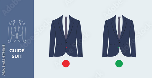 Men suit guide. Correct button your suits, jackets, blazer, tuxedo. Color flat vector illustration. Isolated. Business suits. Gentlemen’s outfit.