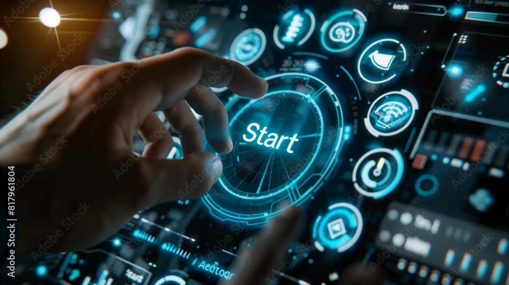 Businessman touching the Start button on an interactive screen, technology, UI design, futuristic interface. Businessman touching the Start button on an interactive screen, technology, UI design, futuristic interface.