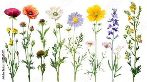 Set of garden flowers on white background