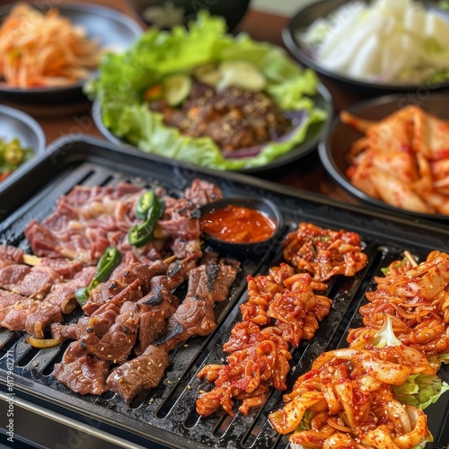 A charcoal grill filled with various cuts of marinated meats for Korean BBQ, accompanied by kimchi, dipping sauces, and lettuce leaves for wrapping
