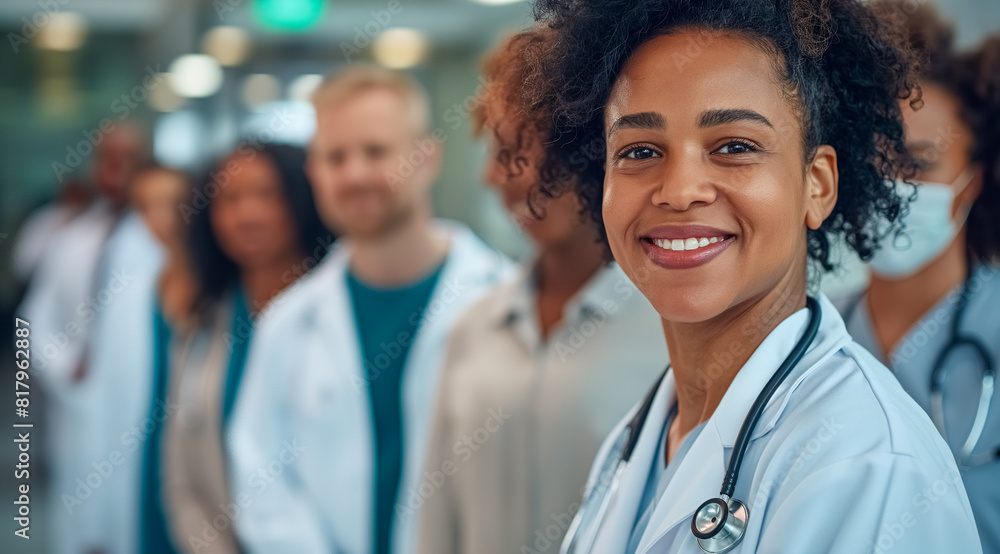 Portrait of happy black woman healthcare worker in front of colleagues in clinic. Portrait of happy black woman healthcare worker in front of colleagues in clinic.