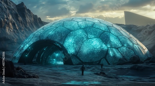 A bioluminescent shield generated by genetically modified organisms, protecting a biodome in a post-apocalyptic world. 32k, full ultra hd, high resolution photo