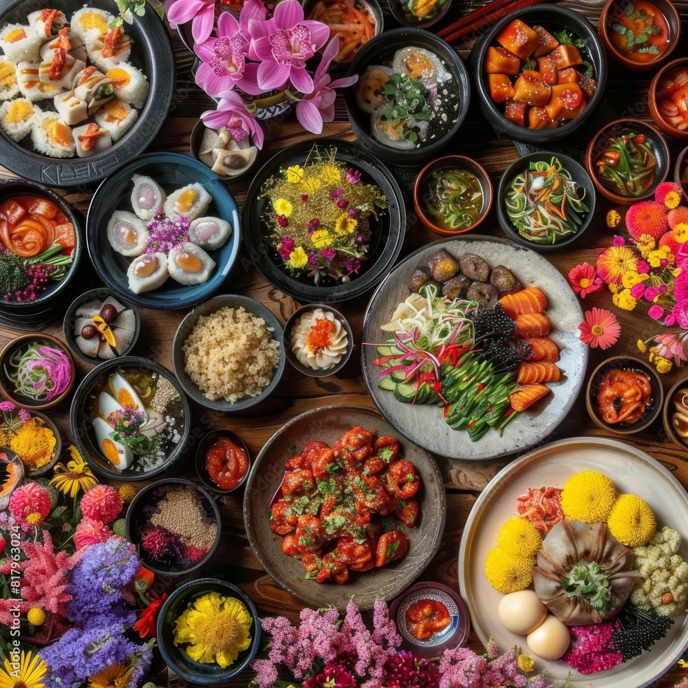 Korean Food & Flowers: A vibrant display of Korean food Job ID: e16ca18d-c617-466d-b10e-e8a7db6ce4c7