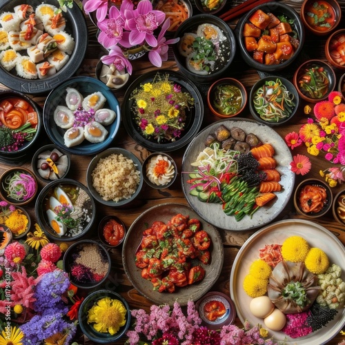 Korean Food & Flowers: A vibrant display of Korean food Job ID: e16ca18d-c617-466d-b10e-e8a7db6ce4c7