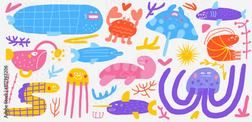 Cute underwater set with funny hand drawn doodle fish, whale, coral, sea weed, sea plant, shark, eel, turtle, stingray, swordfish, jellyfish, dolphin, fish angler. Sea, ocean bottom reef clipart. 