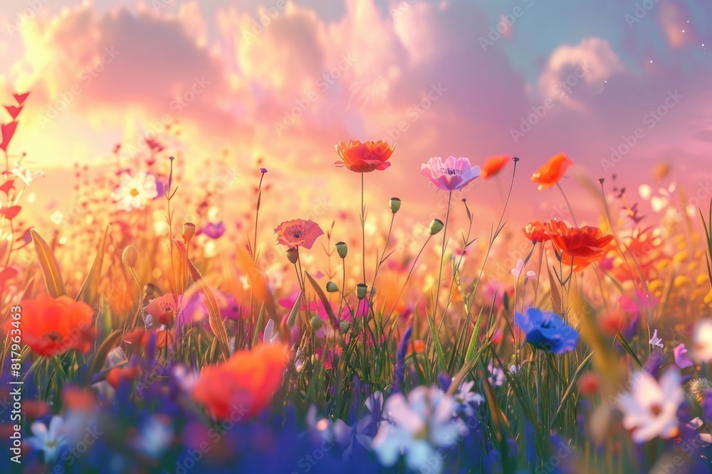 3D illustration of a colorful field with wildflowers, blooming grasses and poppies