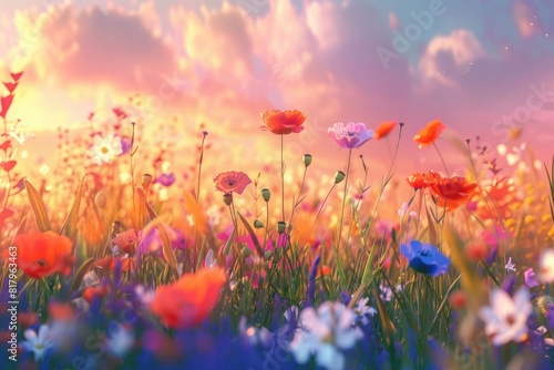 3D illustration of a colorful field with wildflowers, blooming grasses and poppies