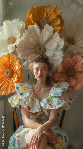 Floral elegance: model with floral dress sitting on chair amidst oversized fabric flowers. Spring concept.