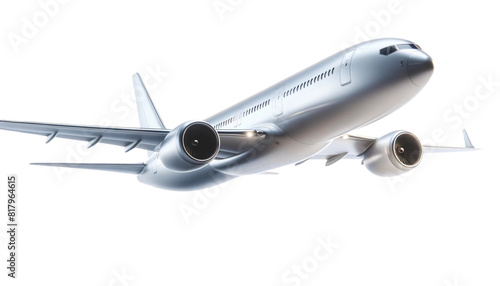 A commercial airplane in flight, isolated on a transparent background. The plane is shown from a side angle