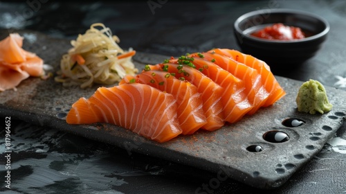 Sashimi & Kimchi: A minimalistic yet elegant display featuring fresh salmon sashimi slices arranged alongside kimchi and a dollop of wasabi paste --ar 16:9 Job ID: a808b0cc-d786-4048-80fd-1e90a7e3034f