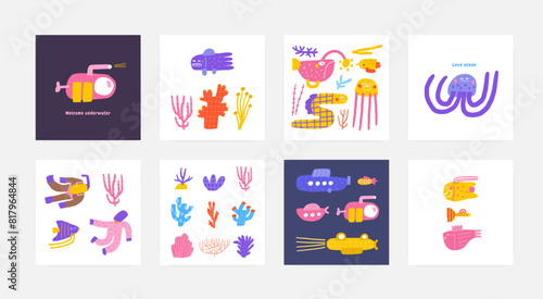 Cute underwater postcard, pre made composition with funny hand drawn doodle fish, coral, sea weed, sea plant, submarine, diver, jellyfish. Sea, ocean bottom reef cover, template, banner, poster, print