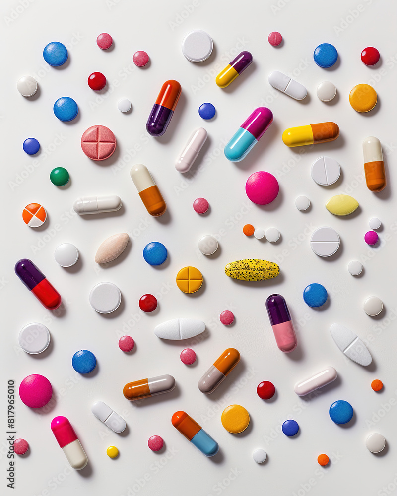 Multicolored medicinal pills and capsules on a white surface.